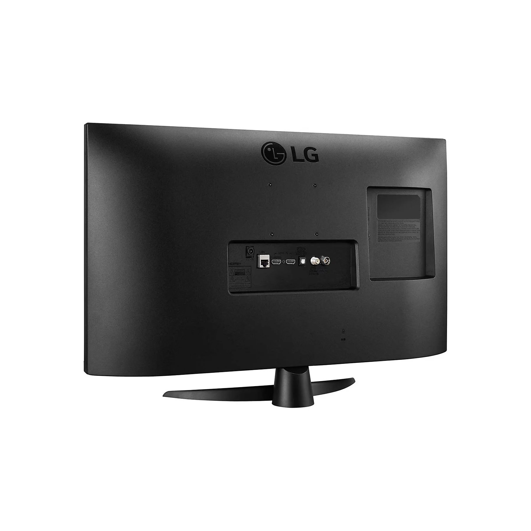 Fekete LG TV hátulja, portokkal és állvánnyal. Fehér háttér. LG logó látható.