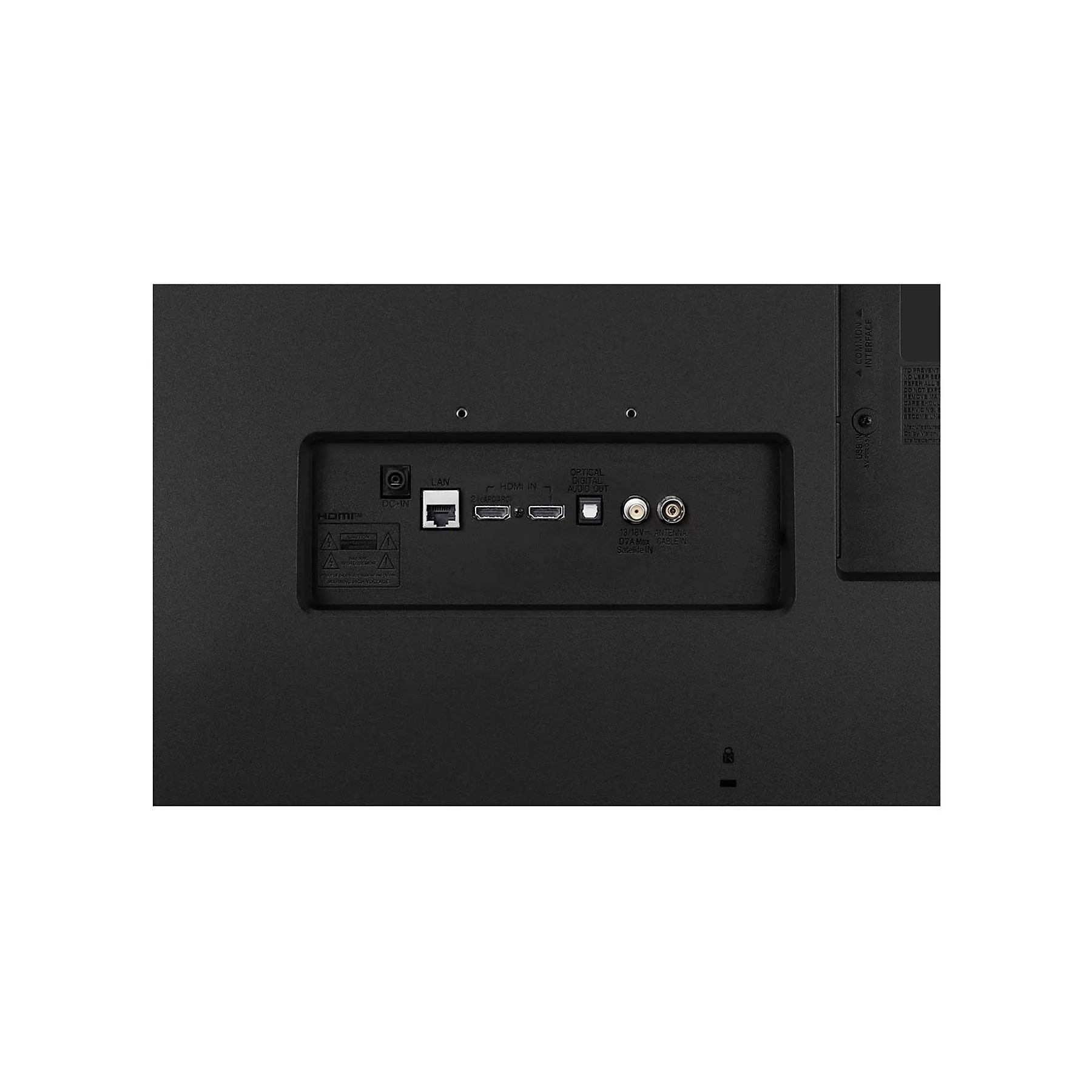 Fekete TV hátlap portokkal: DC-IN, LAN, HDMI, optikai audio, antenna és műhold bemenetek.
