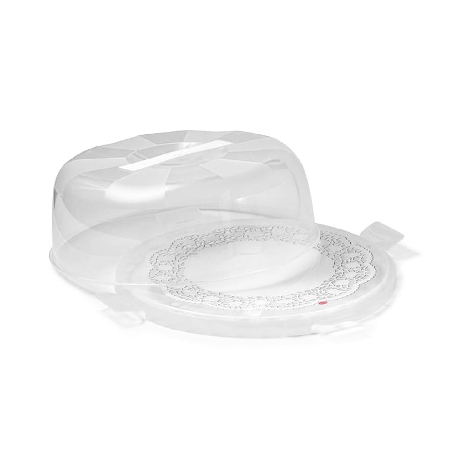 Un porta torte di plastica trasparente con coperchio aperto. La base ha un centrino di carta bianca. Il coperchio è di plastica trasparente con manico.