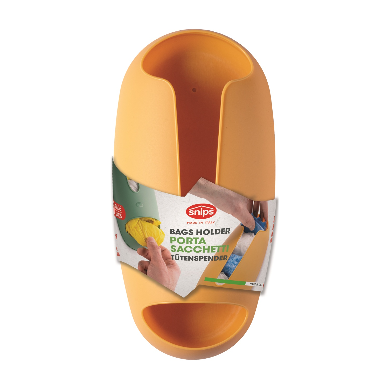 Un portaborse di plastica arancione. Ha una tasca in basso e una grande apertura in alto. Un'etichetta mostra come usarlo.