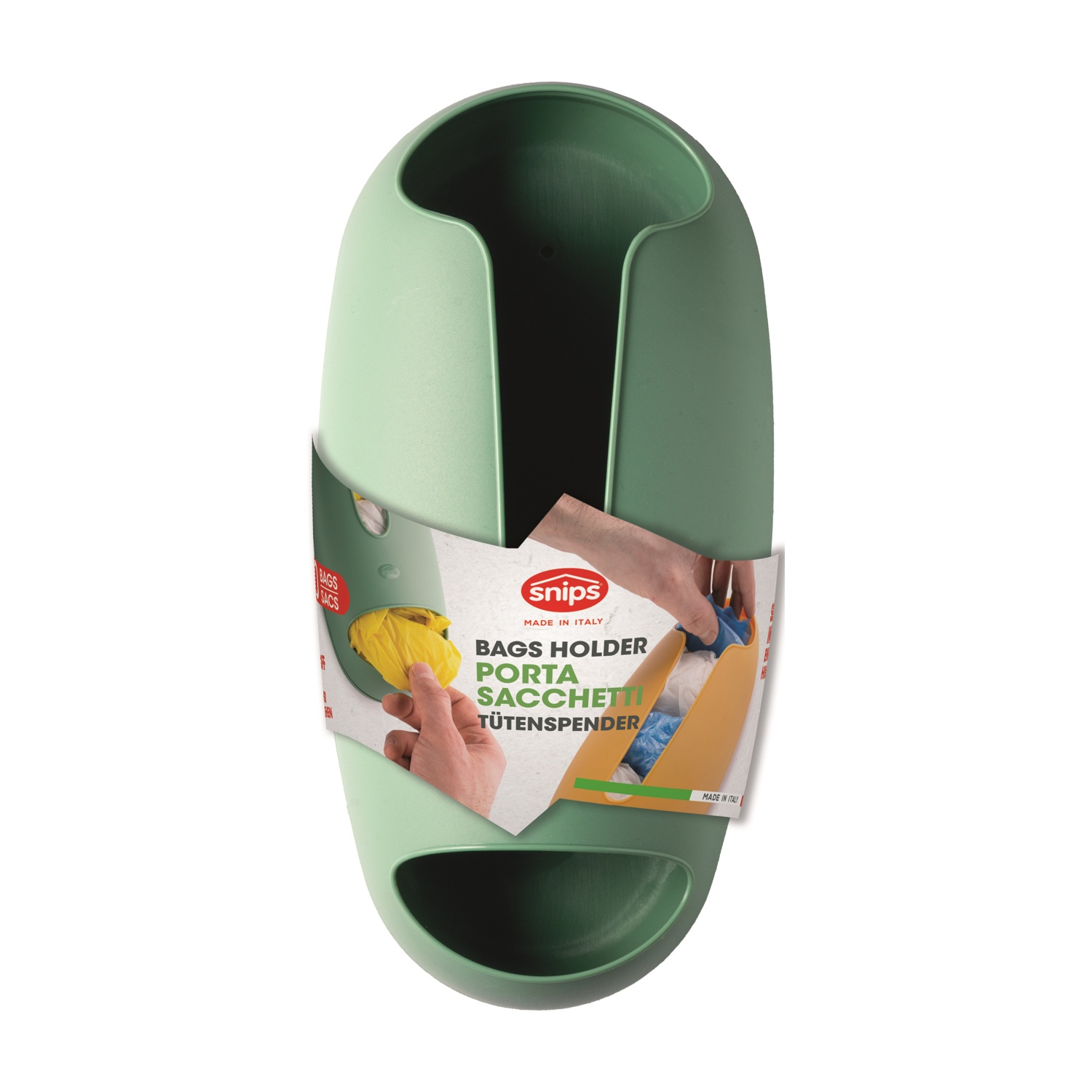 Un portabuste in plastica verde con un'etichetta che mostra mani che lo usano. Il supporto è ovale e ha delle fessure.