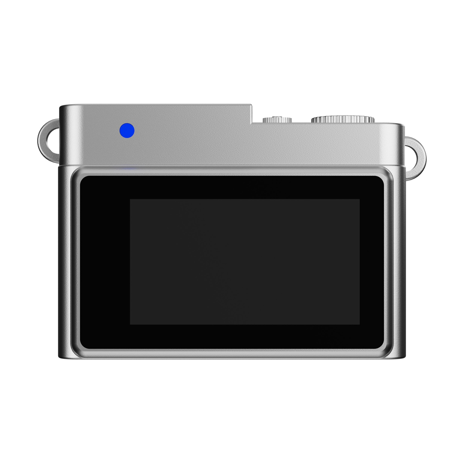 Fotocamera digitale argentata con schermo nero, LED blu e due pulsanti in alto. La fotocamera ha un anello su entrambi i lati.