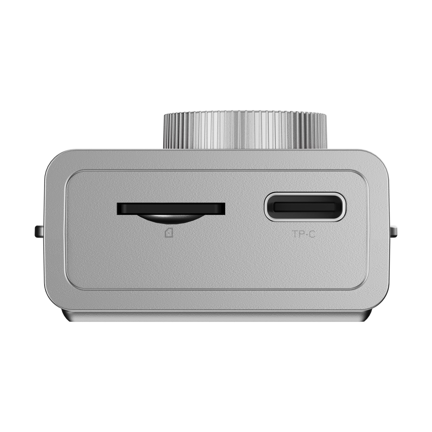 Dispositivo argento con lente sopra, slot SD e porta USB-C, etichettato TP-C.