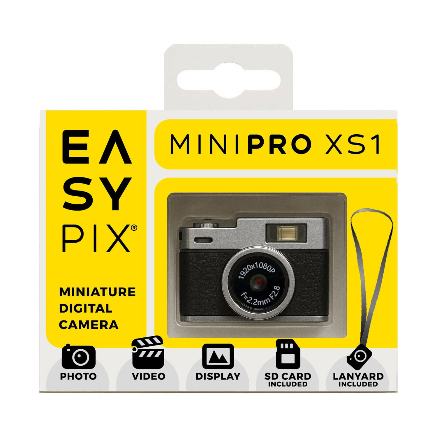 Una fotocamera EasyPix MiniPro XS1 confezionata. La fotocamera è argento e nera. La confezione include un cordino, una scheda SD e icone foto/video.