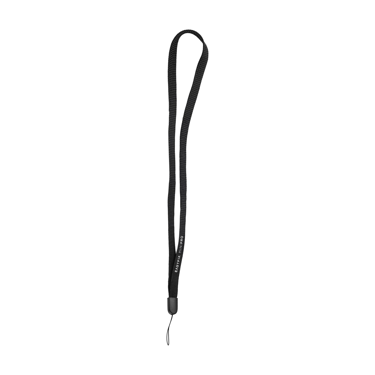 Un cinturino da polso nero, forse per una fotocamera o un piccolo dispositivo, è appeso su sfondo bianco. Il testo 'EASYPIX MINI PRO' è visibile.