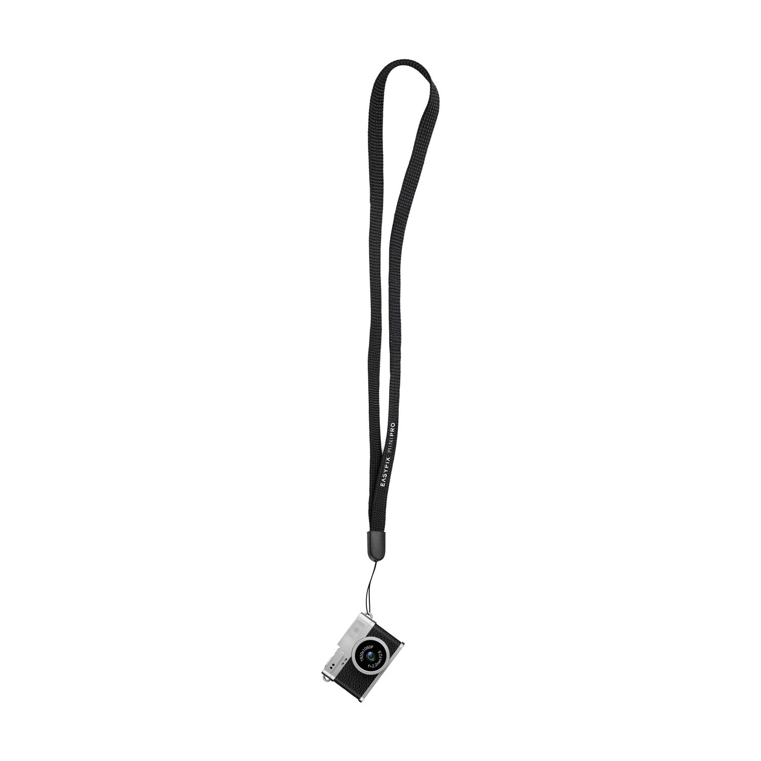 Una piccola fotocamera argentata con un cinturino nero è appesa su sfondo bianco. Il cinturino è etichettato 'EASYPIX MINI PRO'.