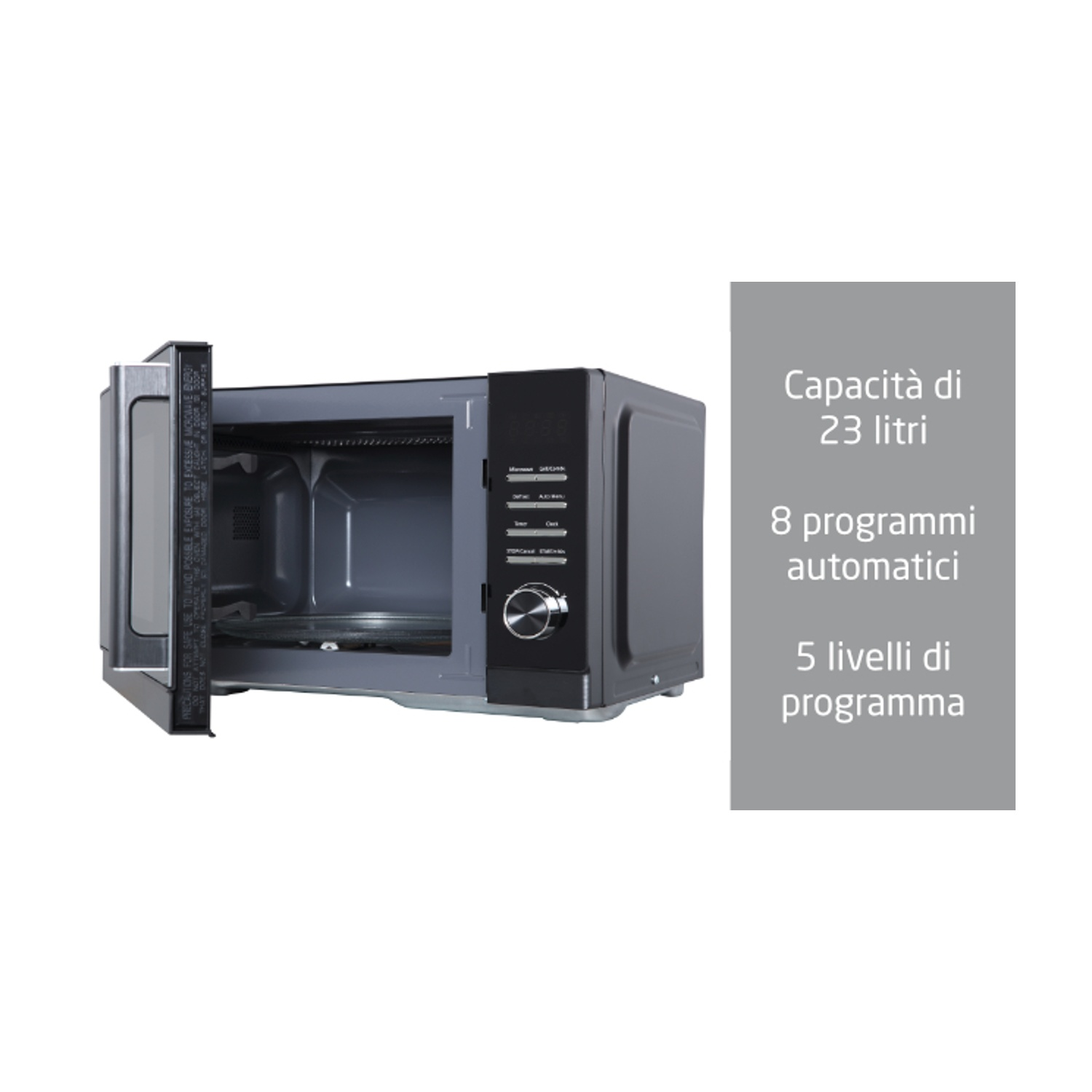 Un forno a microonde nero con la porta aperta. Il testo laterale indica 23 litri di capacità, 8 programmi automatici e 5 livelli di programma.