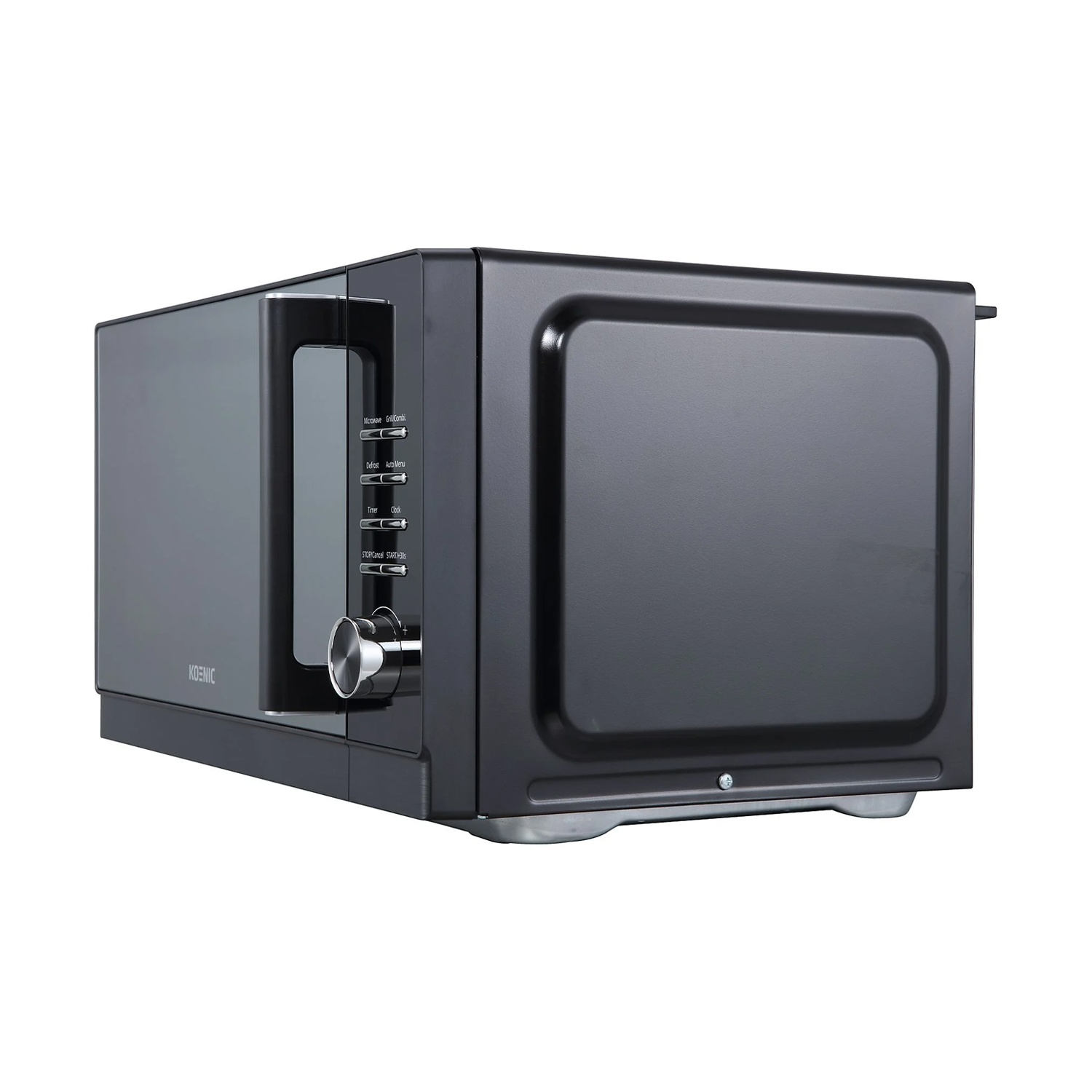 Un forno a microonde Koenic nero su sfondo bianco. Ha un pannello di controllo sul lato destro e una porta a vetri. Il marchio è visibile.