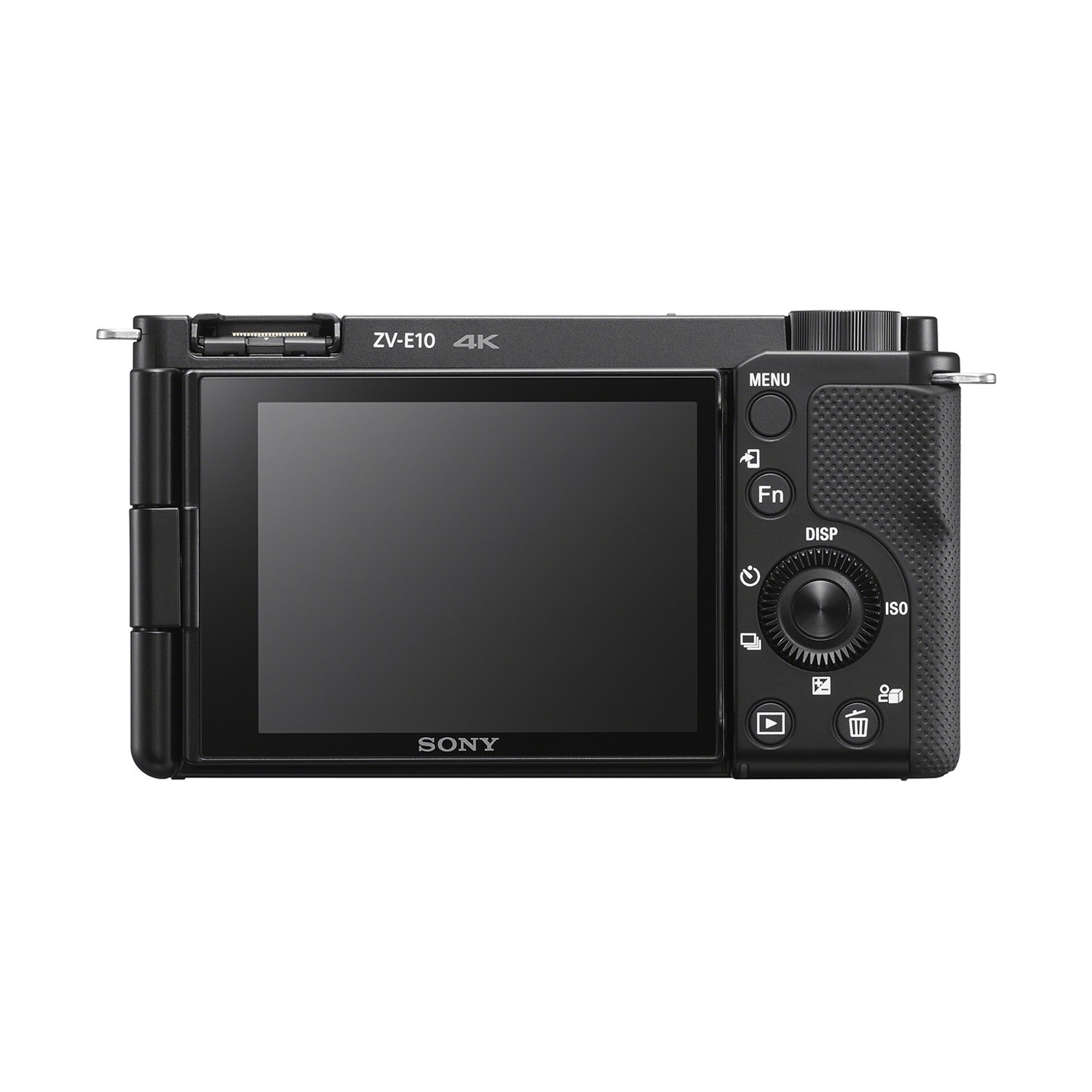 Una fotocamera Sony ZV-E10 4K nera. Il retro mostra uno schermo e pulsanti, tra cui Menu, Fn e Disp. L'impugnatura è strutturata.