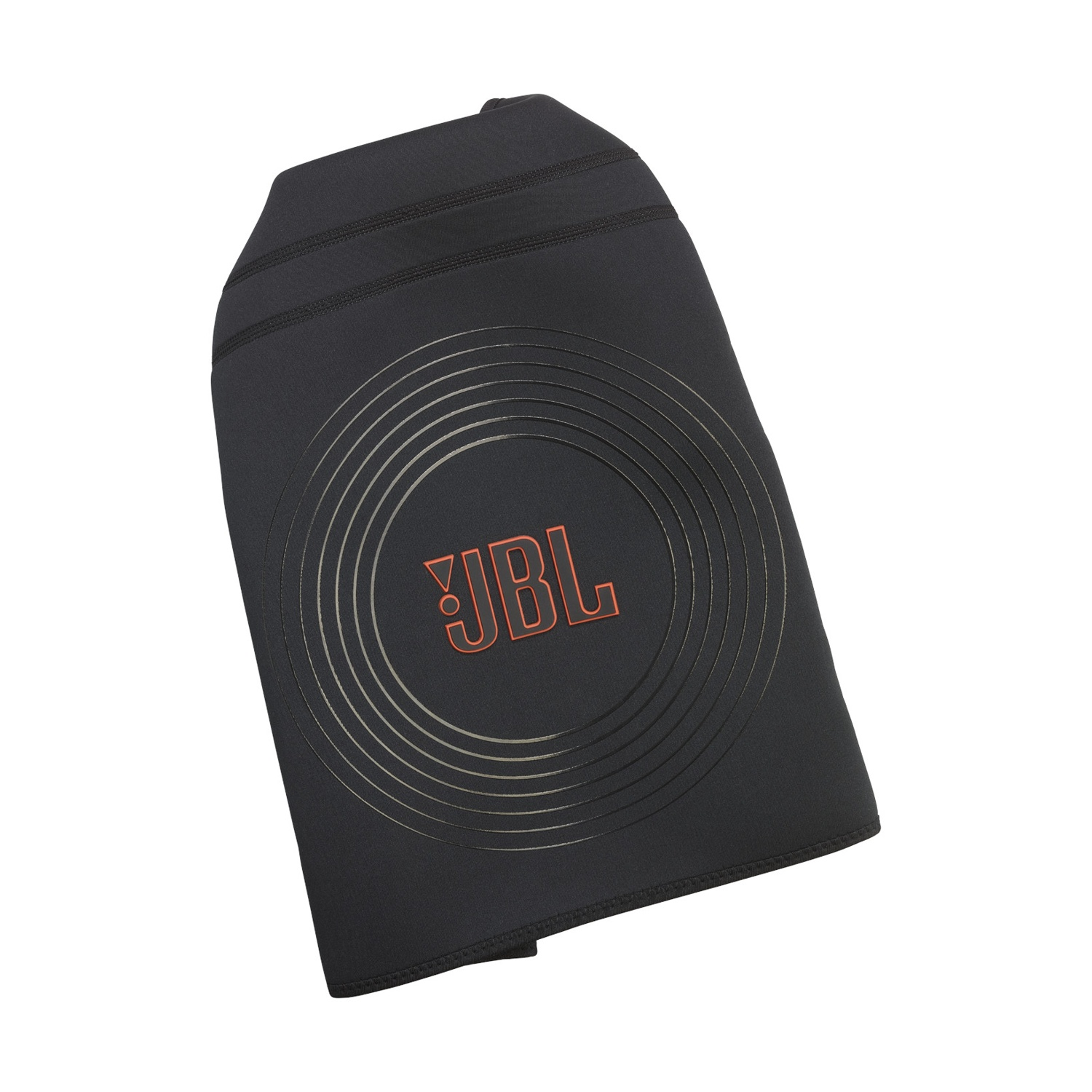Copertura per altoparlante JBL nera con logo arancione. Design circolare con linee concentriche. Isolato su sfondo bianco.
