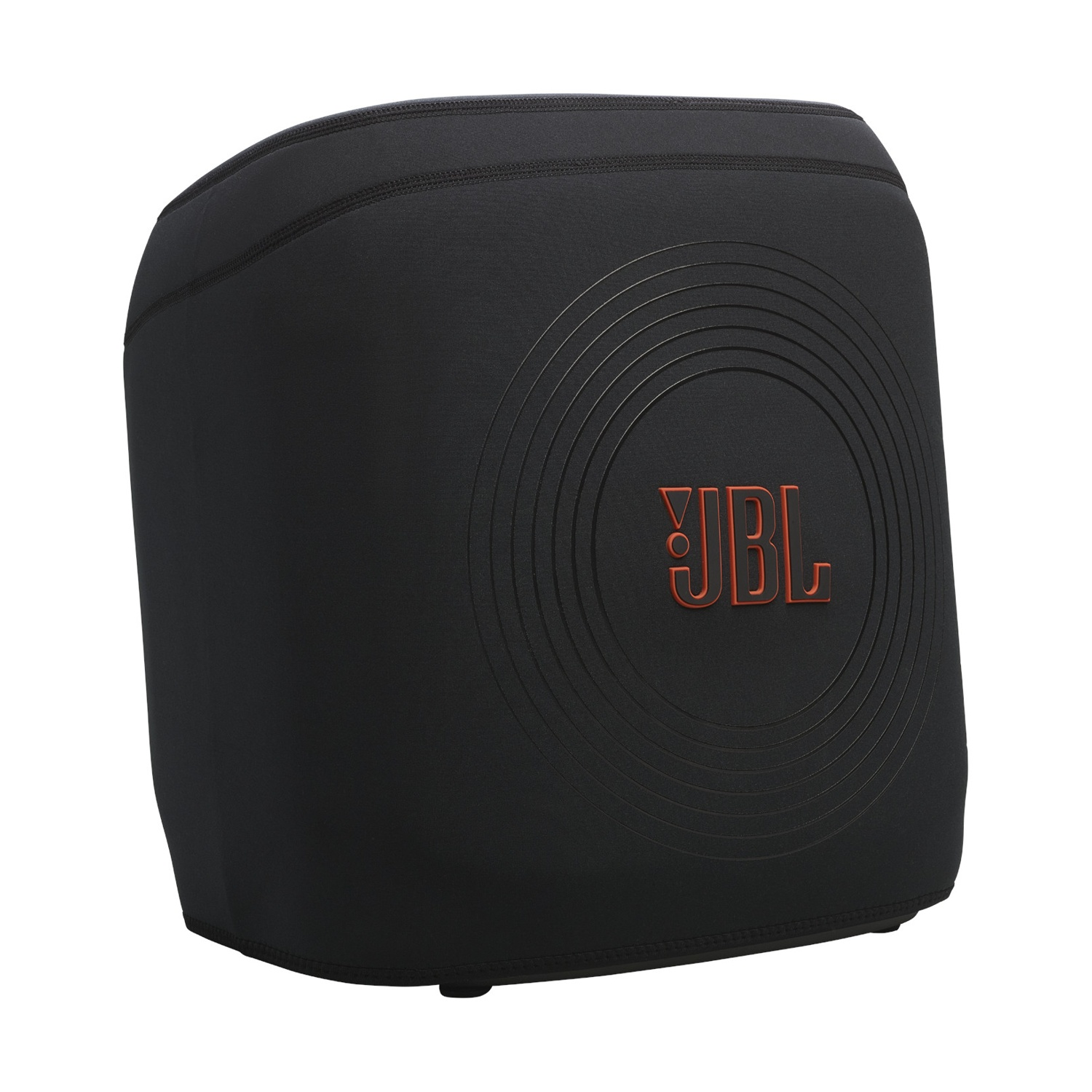 Un altoparlante JBL nero. Ha un design circolare sul davanti e il logo JBL in arancione. L'altoparlante è su uno sfondo bianco.