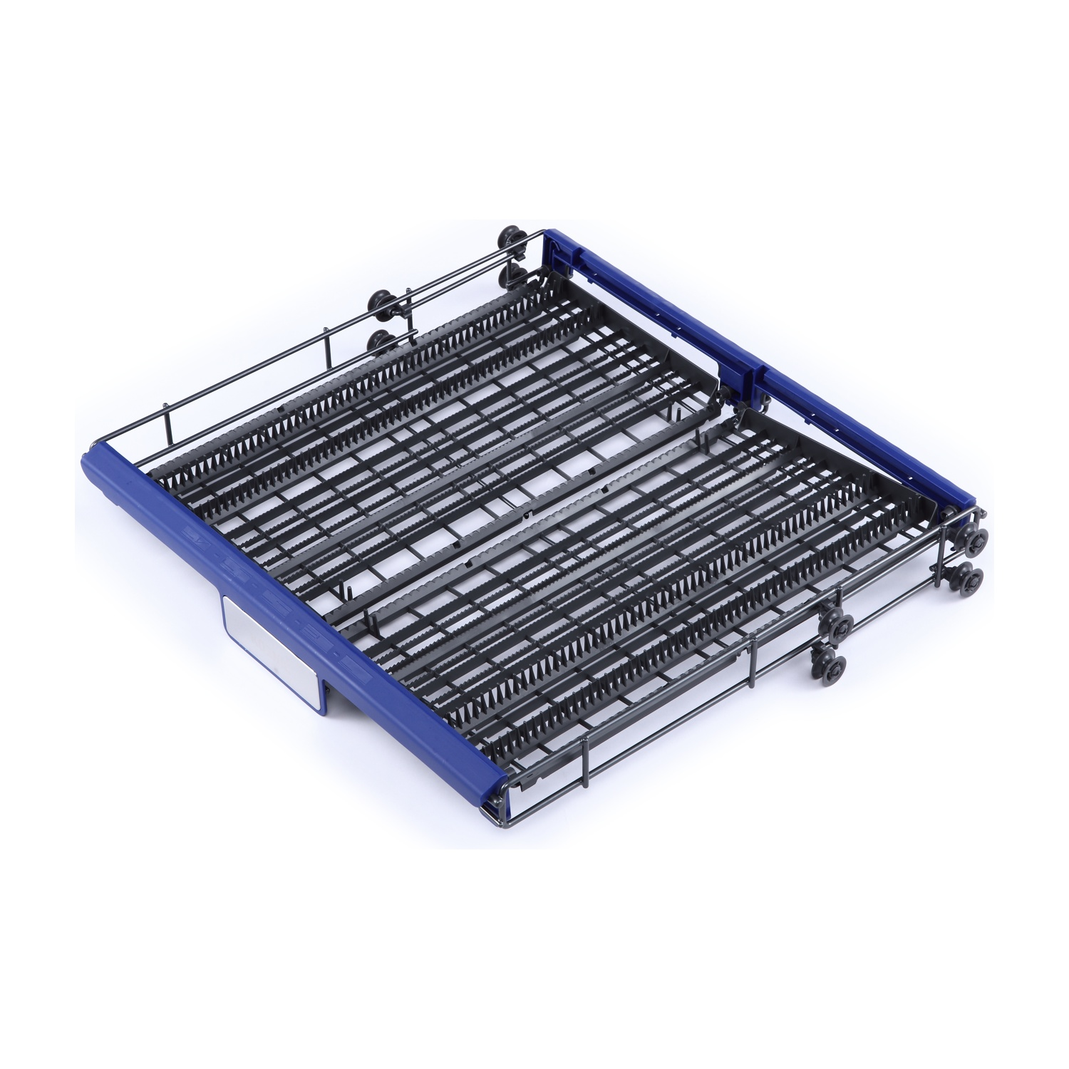 Un telaio metallico blu e nero con ruote, probabilmente per spostare oggetti. Si trova su uno sfondo bianco, leggermente angolato.