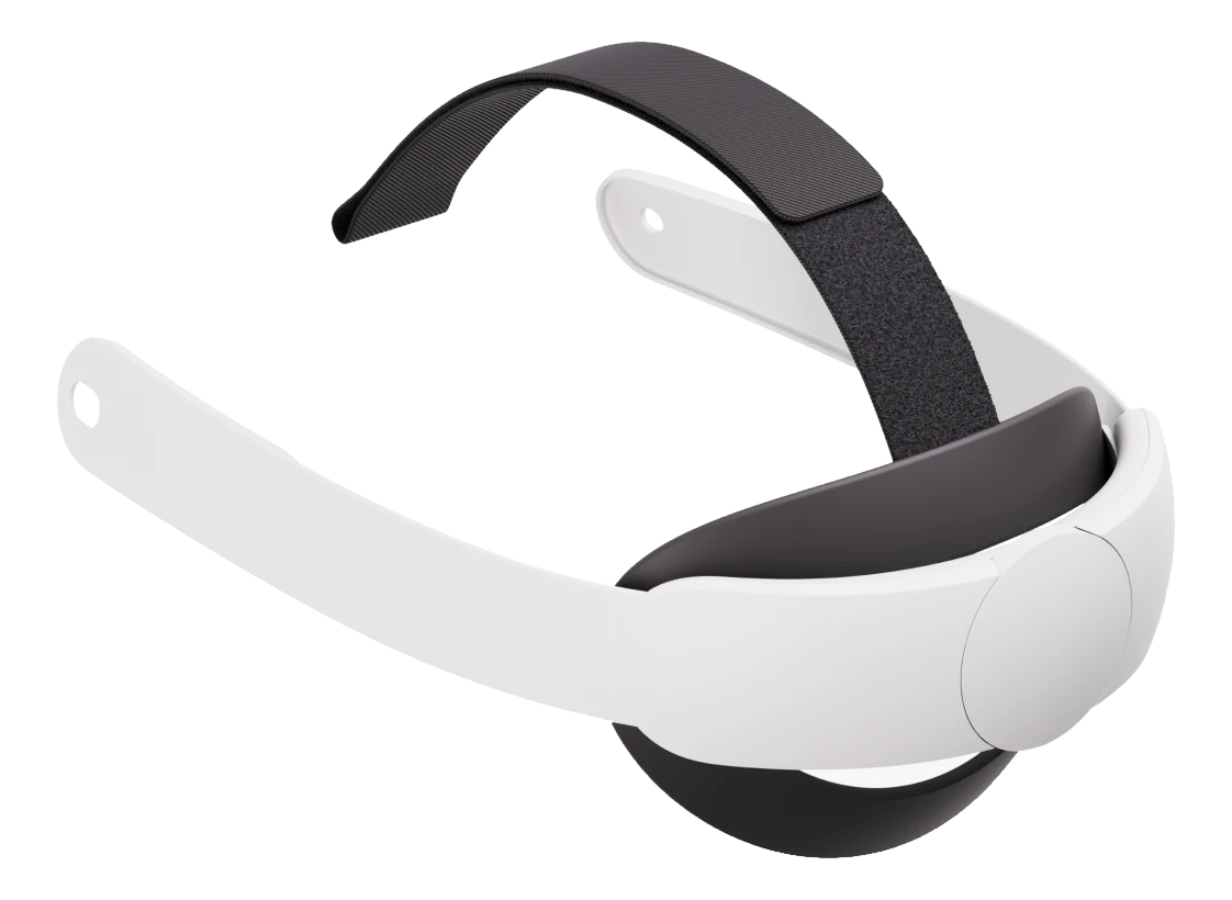 Un visore VR bianco e nero, con cinturino imbottito, due bracci bianchi e supporto per la testa grigio scuro.
