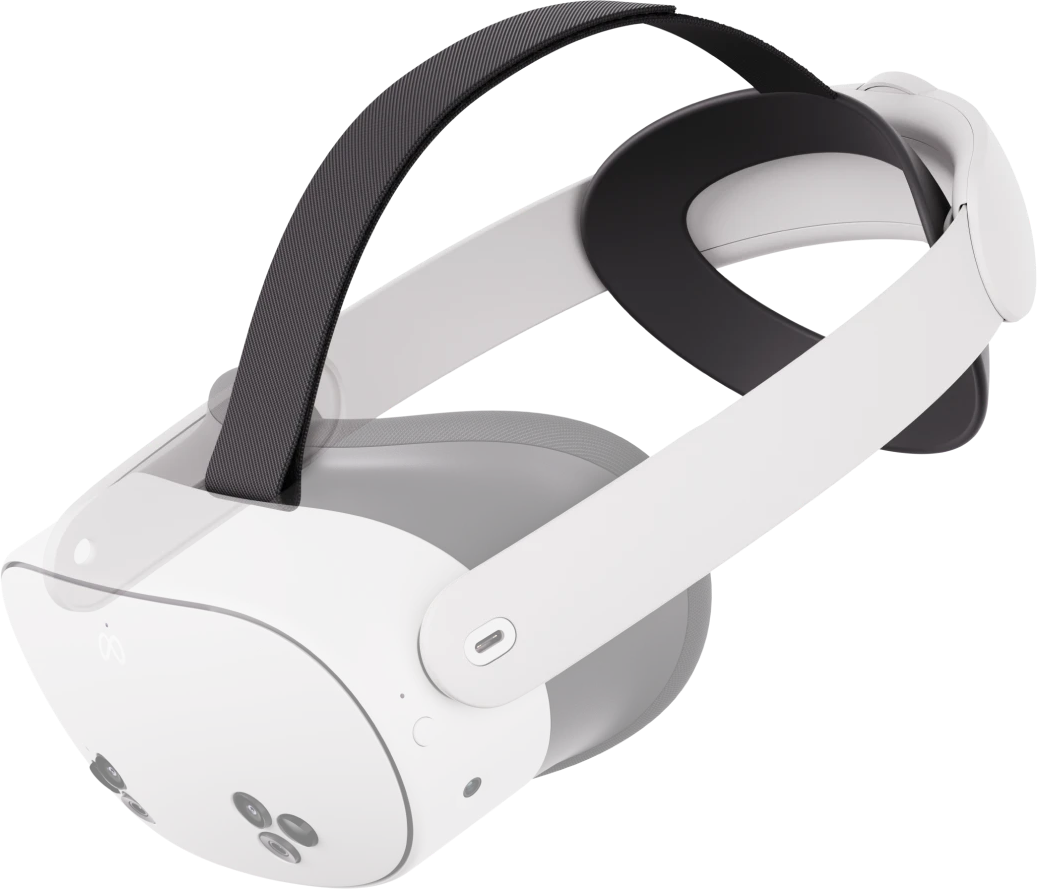 Un visore VR bianco e nero. Ha una montatura bianca, un cinturino grigio scuro e una copertura facciale nera con pulsanti e una porta USB-C.