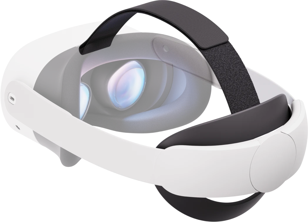Un visore VR bianco e nero. Le lenti sono visibili, che riflettono una luce blu e viola. Il cinturino del visore è nero e grigio.