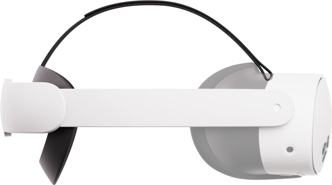 Vista laterale di un visore VR bianco con fascia nera. Il visore ha un design curvo e dettagli neri.