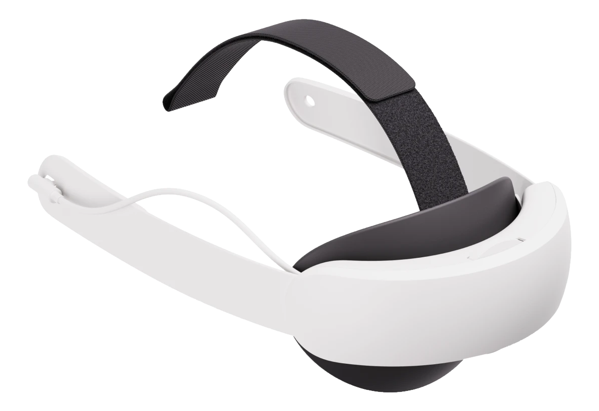 Ein weißes und schwarzes VR-Headset. Es hat einen gebogenen weißen Rahmen, einen grauen Riemen und einen dunkelgrauen Bereich.