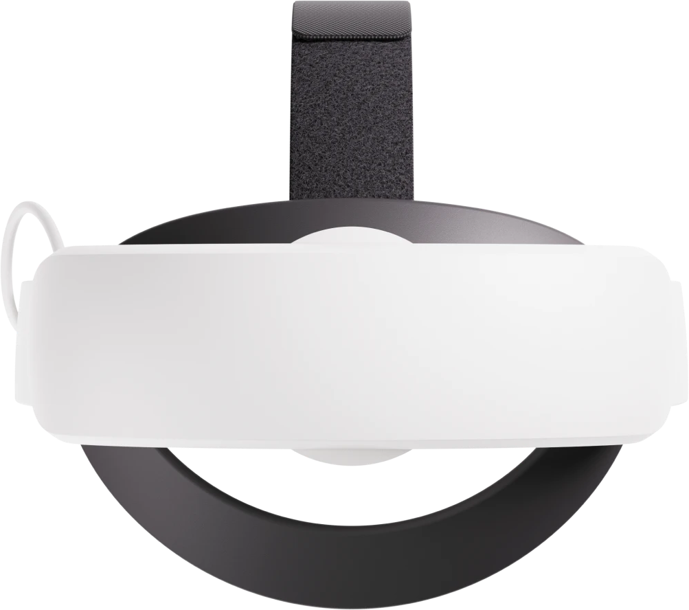 Draufsicht auf ein weiß-schwarzes VR-Headset. Es hat ein weißes Visier, einen schwarzen Ring und ein graues Kopfband.