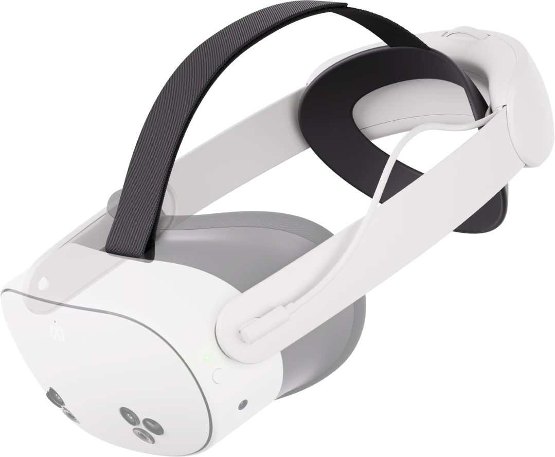 Ein weißes VR-Headset mit schwarzen Akzenten, grauem Riemen und drei Knöpfen. Das Headset befindet sich auf einem schwarzen Hintergrund.