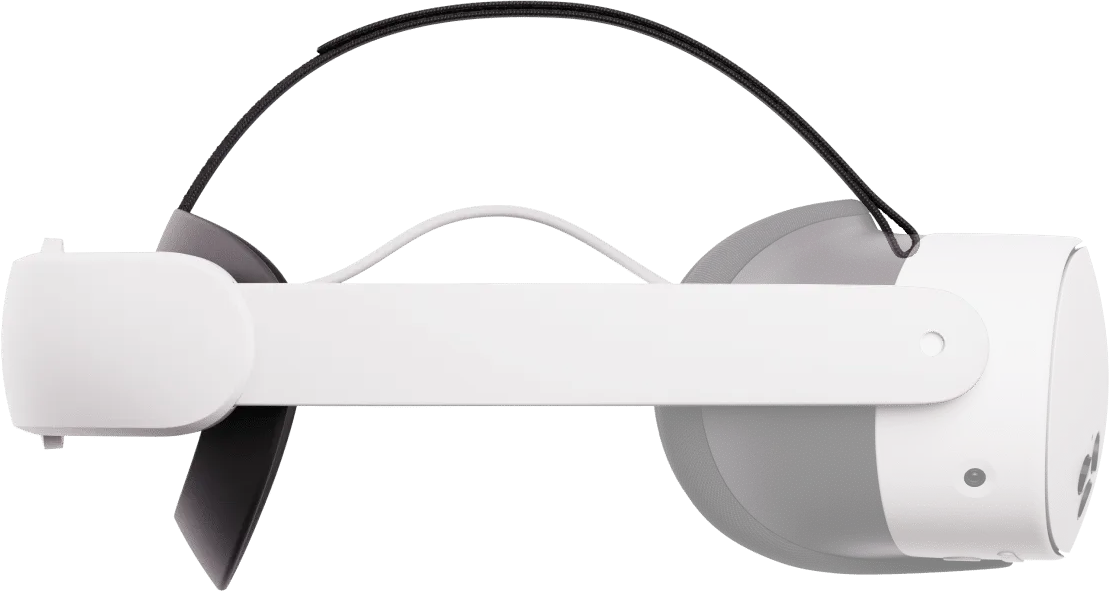 Ein weißes und schwarzes VR-Headset im Profil. Es hat ein Kopfband, einen weißen Rahmen und einen schwarzen gepolsterten Bereich für das Gesicht.