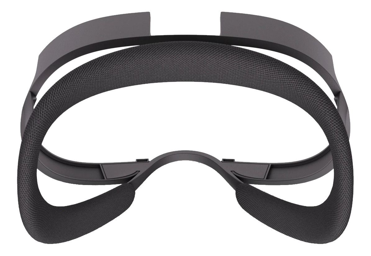 Ein dunkelgraues VR-Headset mit strukturiertem Kopfband und Gesichtspolster. Der Hintergrund ist schwarz.