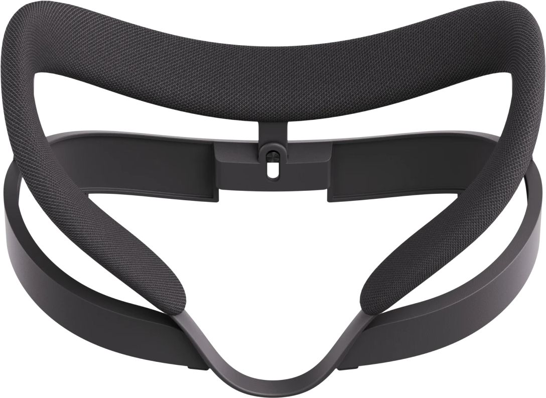 Dunkelgraues VR-Headset-Kopfband. Es hat einen gepolsterten oberen Riemen und gebogene Seitenarme. Der Hintergrund ist schwarz.
