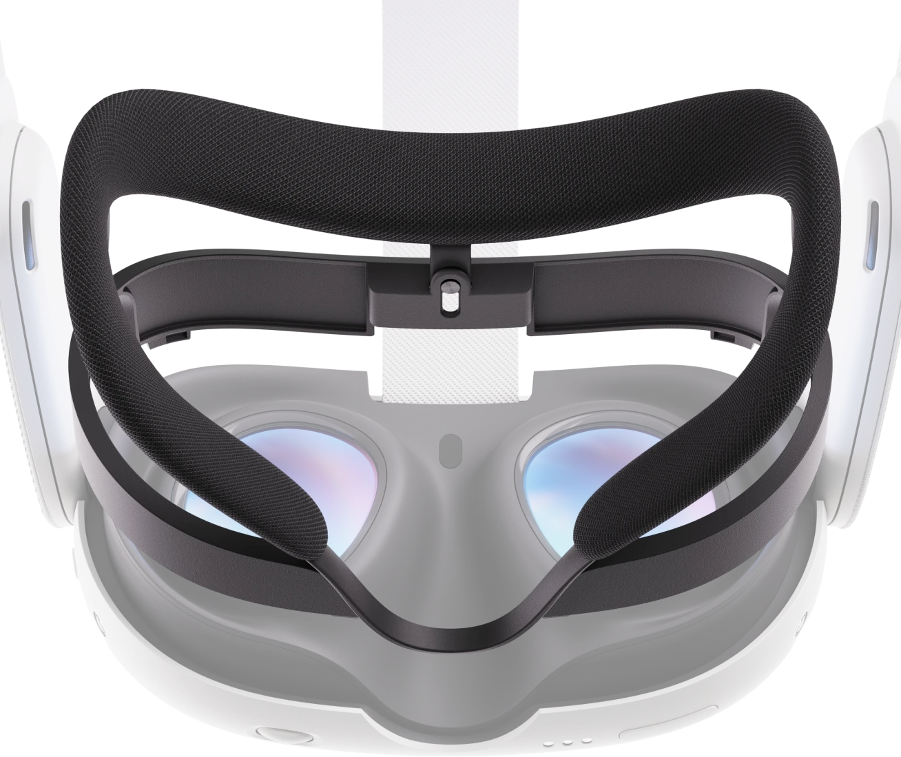 Nahaufnahme eines VR-Headsets. Es hat weiße und schwarze Teile. Die Linsen sind mit blauen und violetten Reflexen sichtbar.