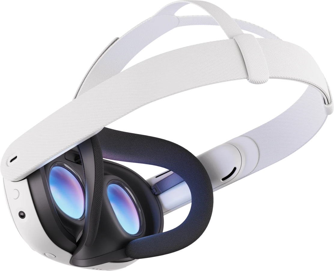 Ein weißes VR-Headset mit schwarzem Innenraum und Linsen, die blaues und violettes Licht reflektieren. Der Riemen ist weiß und der Hintergrund ist schwarz.