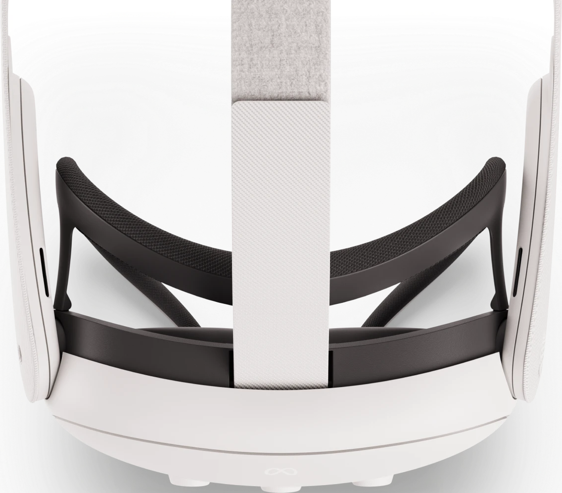 Ein weißes VR-Headset mit schwarzem Rahmen. Das Kopfband ist weiß und grau. Der Hintergrund ist hellgrau.