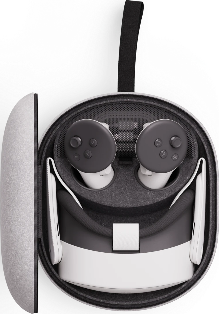 Cuffie VR e controller in una custodia. I controller sono grigi con pulsanti neri. Le cuffie sono bianche e nere.
