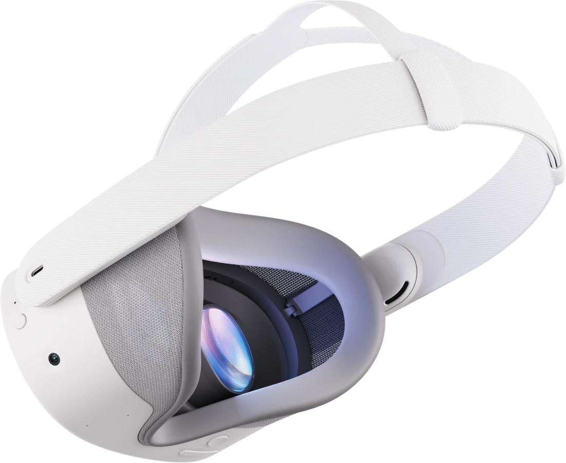 Cuffie VR bianche con cinturino, rete grigia e lenti che riflettono la luce. Isolato su sfondo nero.