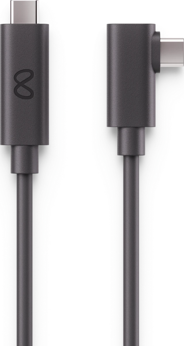 Due cavi USB-C grigi. Uno dritto, l'altro angolato. Il cavo dritto ha un simbolo di infinito sul connettore.
