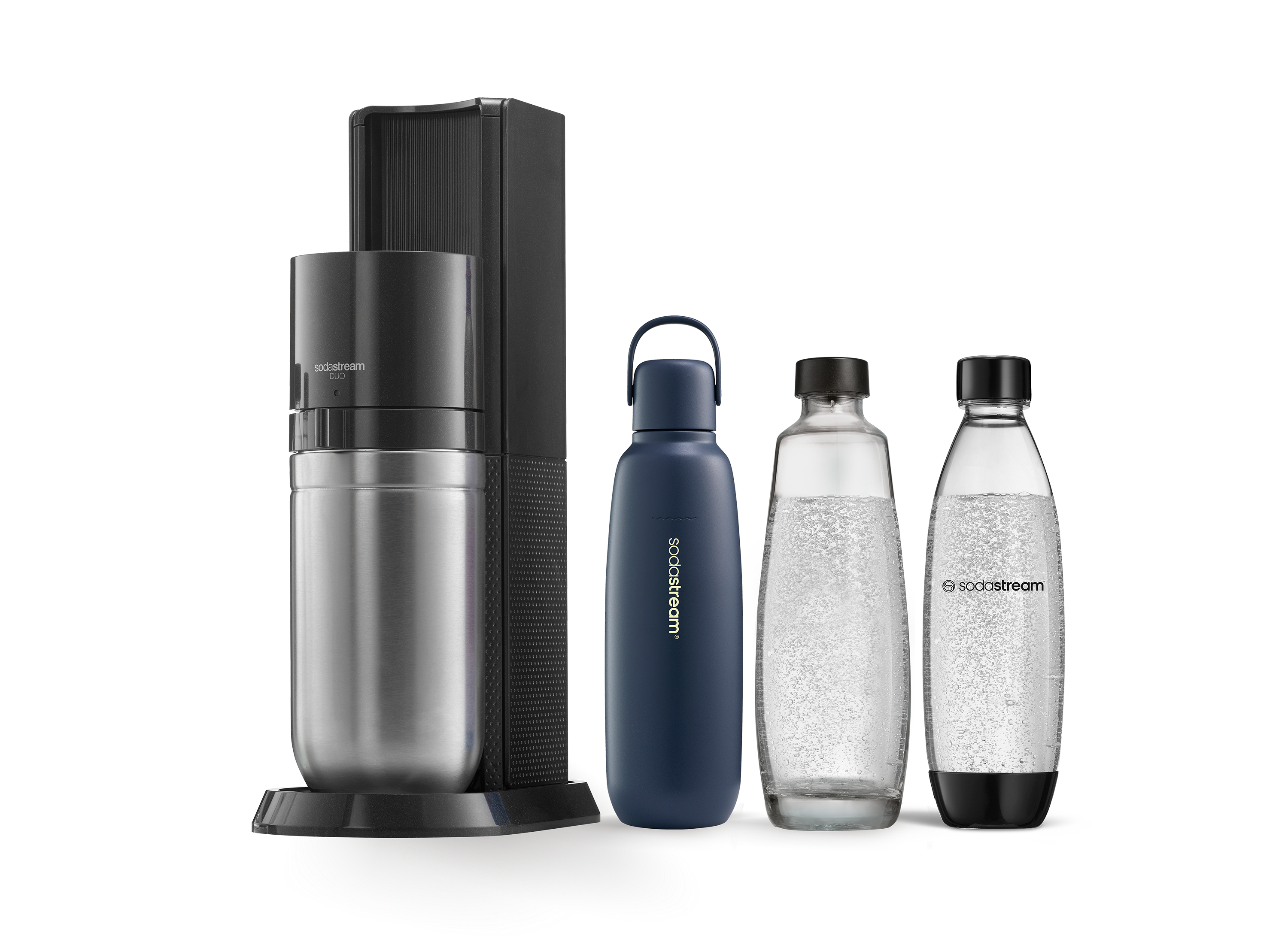 Eine SodaStream Duo-Maschine mit Flaschen und einer blauen Flasche.