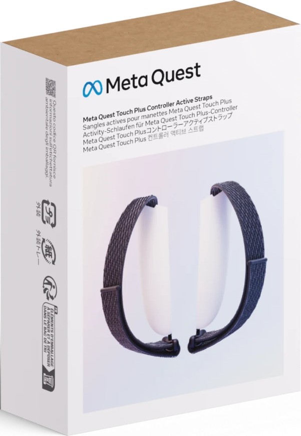 Meta Quest Touch Plus Active Straps Box. Dunkelgraue Riemen, weiße Controller. Box mit Meta Quest Logo und Text.