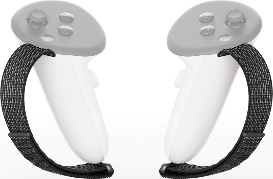 Zwei weiße VR-Controller mit grauen Oberteilen und schwarzen Trägern. Jeder hat Knöpfe und einen Joystick. Der Hintergrund ist schwarz.