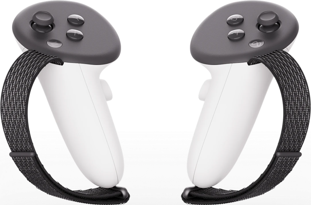 Zwei weiße VR-Controller mit grauen Oberteilen und schwarzen Riemen. Jeder hat Knöpfe und einen Joystick. Der Hintergrund ist schwarz.