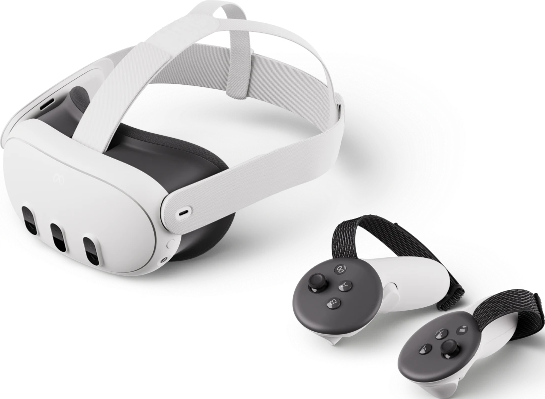 Weißes VR-Headset und zwei Controller. Das Headset hat ein weißes Band, eine schwarze Front. Controller sind weiß mit schwarzen Knöpfen und Bändern.