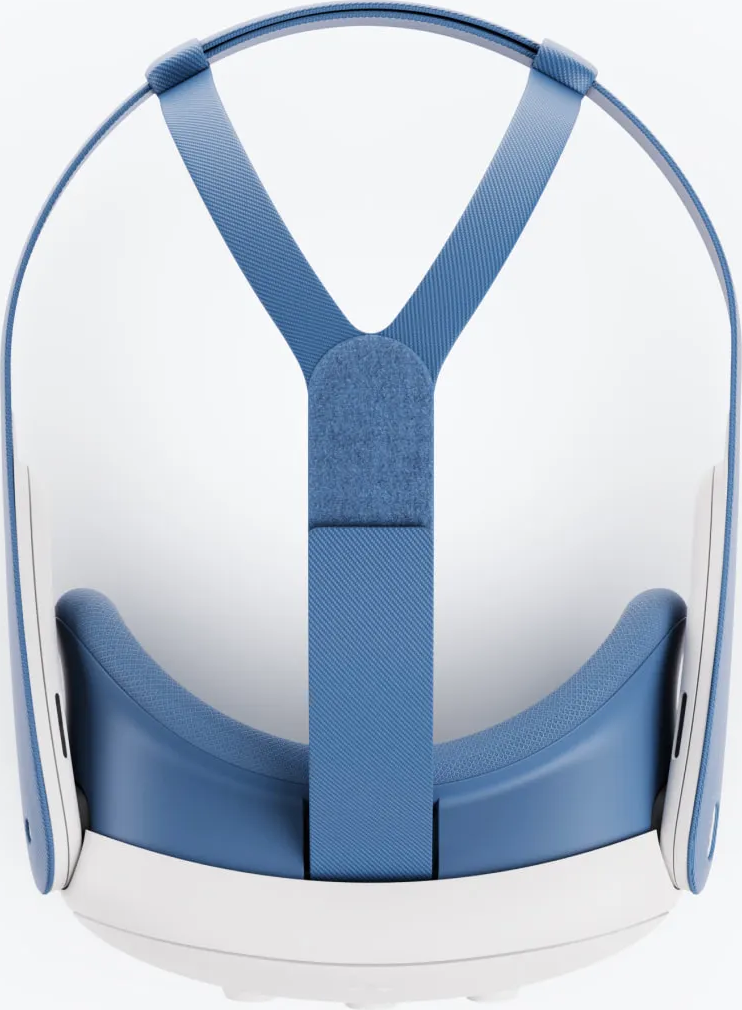 VR-Headset, blaue Riemen, weißer Rahmen und blaue Innenseite. Die Riemen bilden ein Y, das Headset vor weißem Hintergrund.