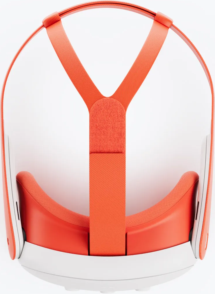 Cuffie VR, cinghie e telaio arancioni su sfondo bianco. Le cuffie hanno una base bianca e cuscinetti e cinghie arancioni.