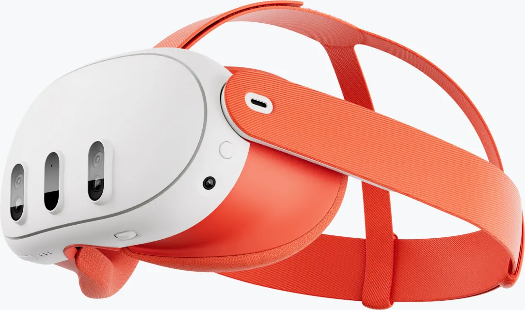 Cuffie VR con design bianco e arancione. Ha tre fotocamere frontali e un cinturino regolabile.