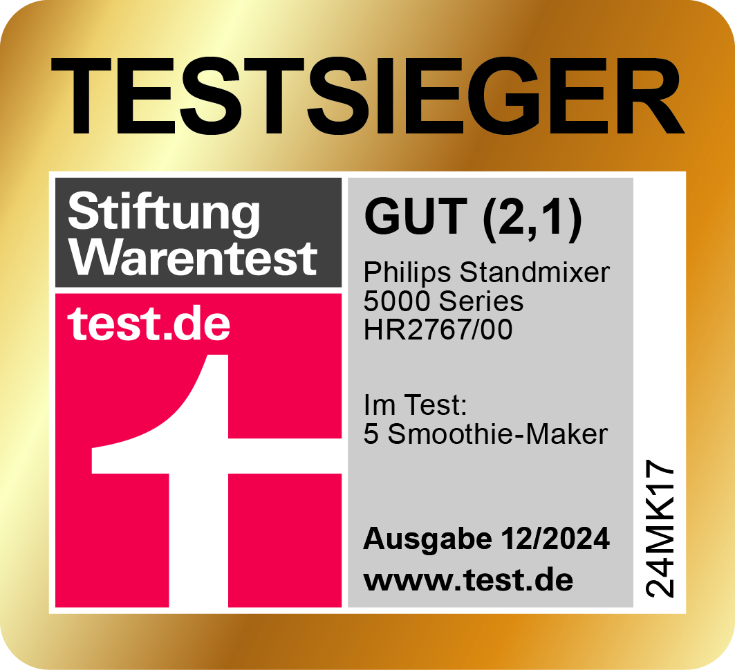 Ein Aufkleber mit dem Text 'TESTSIEGER' und 'Stiftung Warentest', einem großen Pluszeichen und 'GUT (2,1)' mit Philips Standmixer-Info.