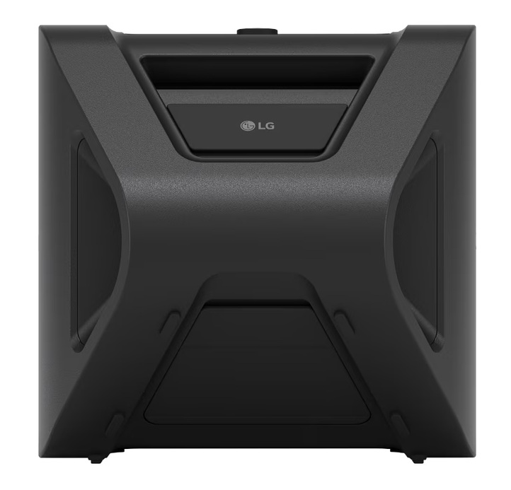 Czarny głośnik LG. Ma uchwyt na górze i logo LG. Ma geometryczny kształt z kilkoma otworami.