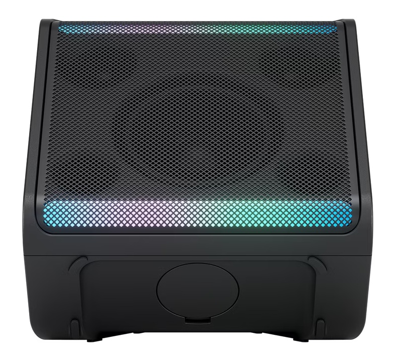 Czarny głośnik z siatkowym przodem. Ma kolorowe światła na górze i na dole. Tło jest białe.