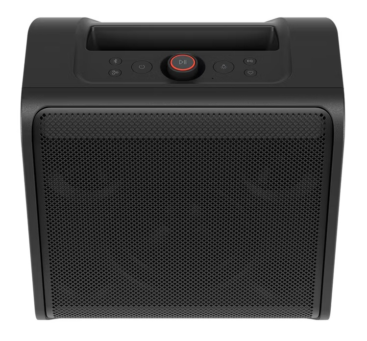Czarny głośnik z siatkowym przodem. Na górze znajdują się elementy sterujące i uchwyt. Przycisk odtwarzania jest czerwony. Głośnik znajduje się na białym tle.