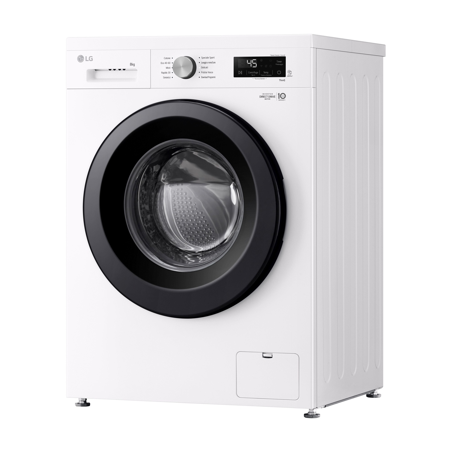 Una lavatrice LG bianca con porta nera. Ha un display digitale e diverse opzioni di selezione del programma. Il cestello è visibile.