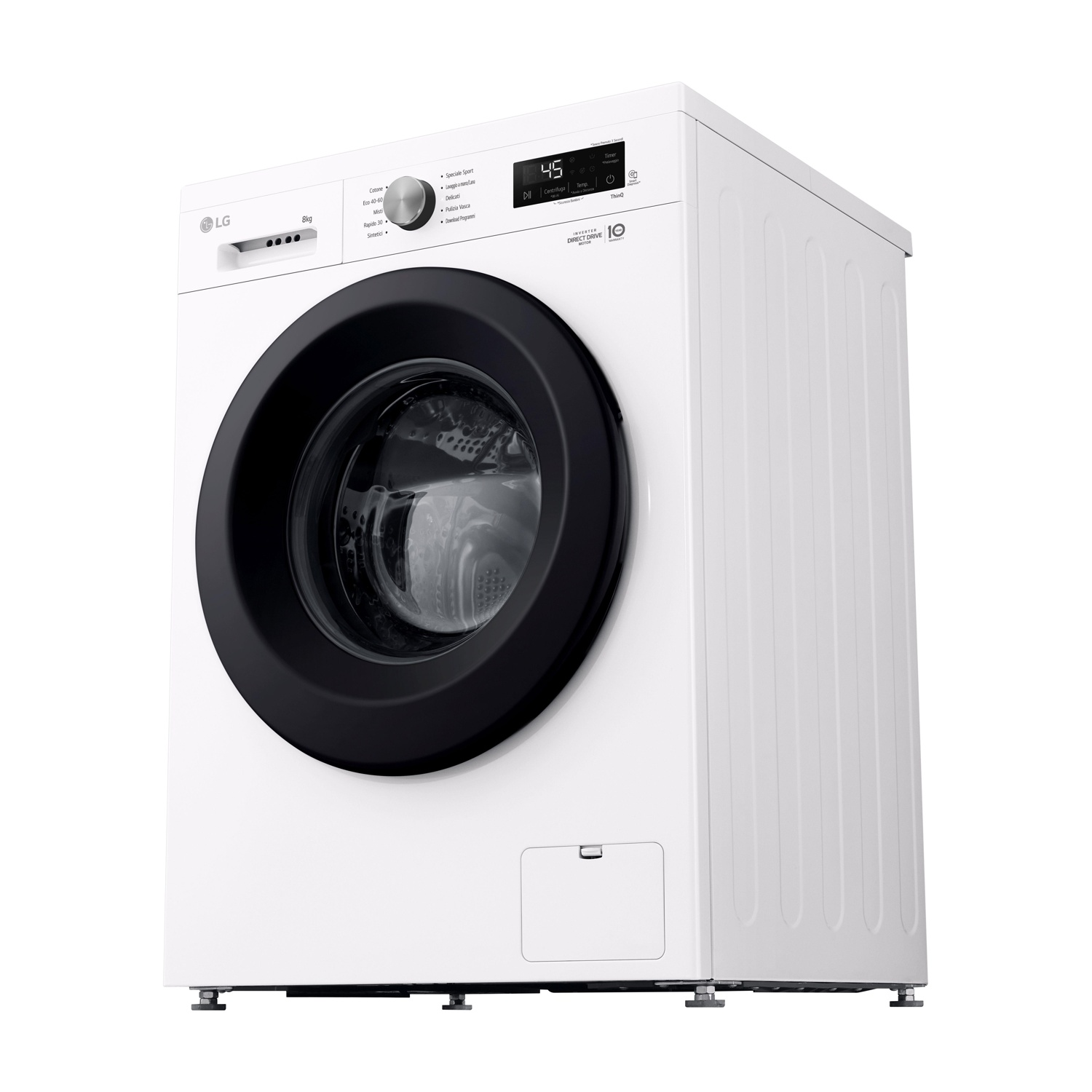 Una lavatrice LG bianca, con porta nera. Ha un display digitale che mostra '45'. La macchina è su sfondo bianco.