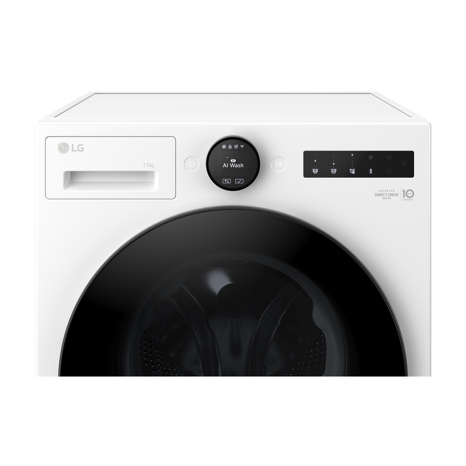 Una lavatrice LG bianca. Presenta una porta nera, un pannello di controllo con pulsanti e un display digitale AI Wash.