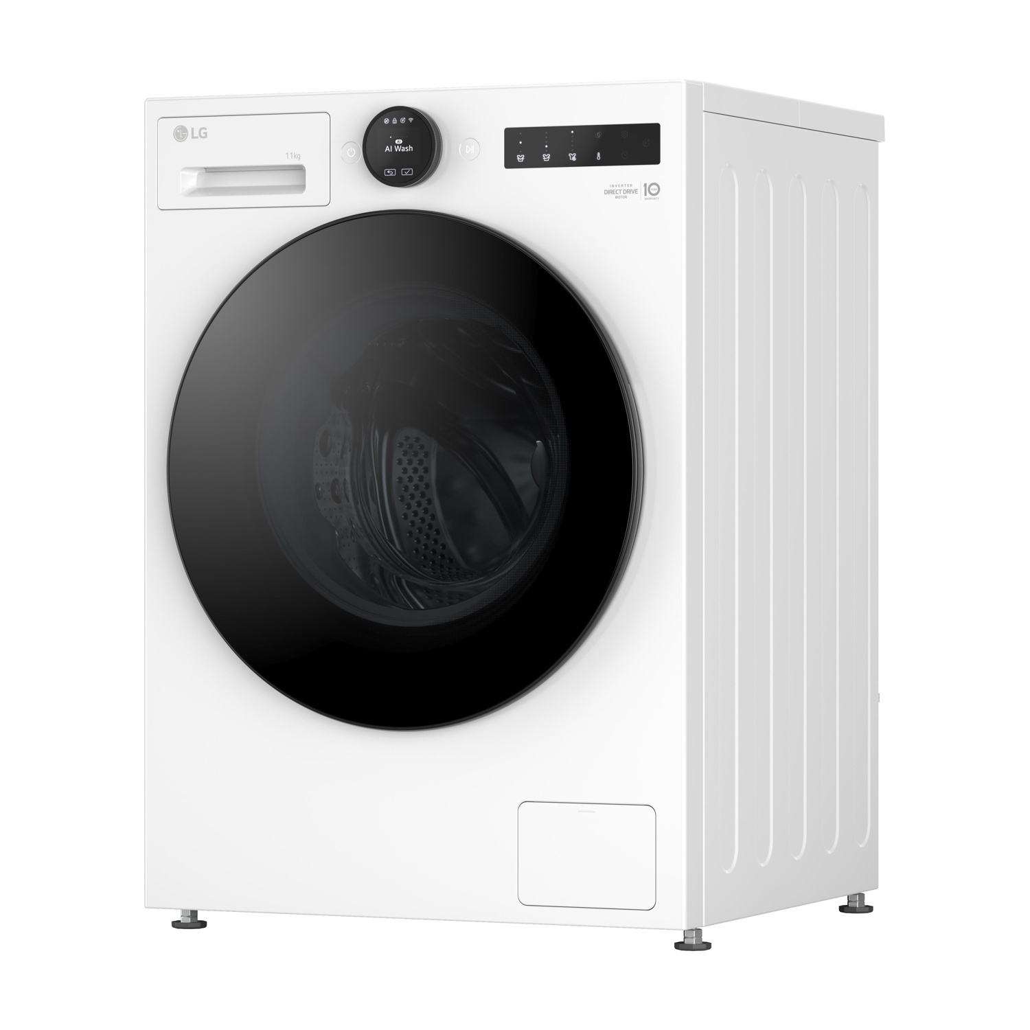 Una lavatrice LG bianca con porta nera. Ha un pannello di controllo e un display. La macchina ha una capacità di 11 kg.