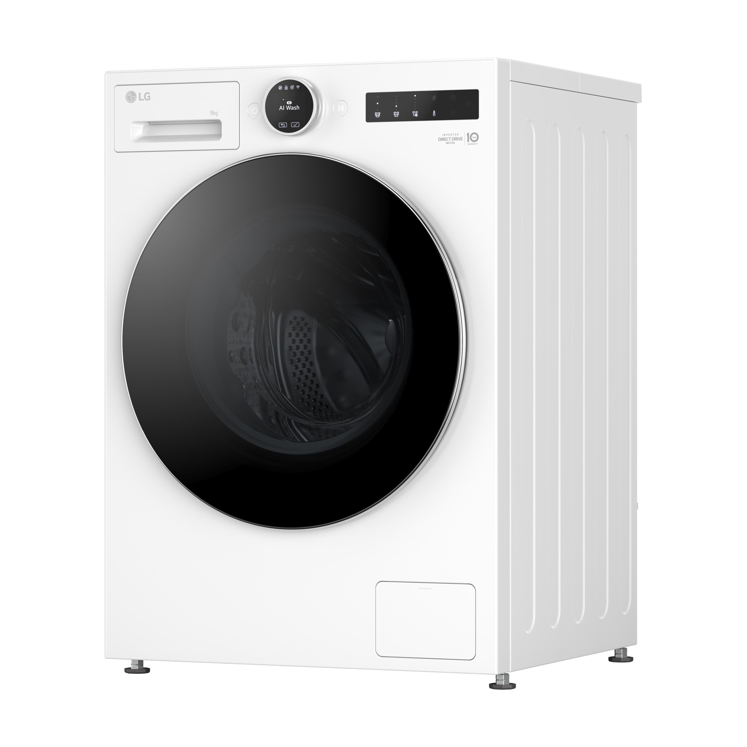 Una lavatrice LG bianca. Ha una porta nera, un pannello di controllo e il logo LG. La macchina è su sfondo bianco.