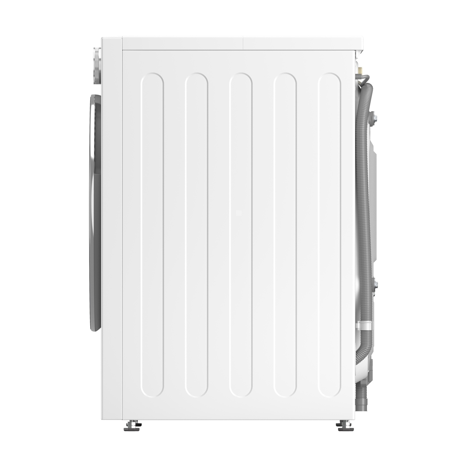 Retro di una lavatrice bianca. Ha un pannello bianco con linee verticali, un tubo grigio e piedini regolabili.